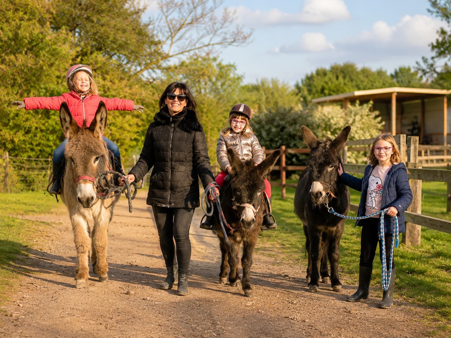 Children with donkeys during an experience at our farm in Tuscany