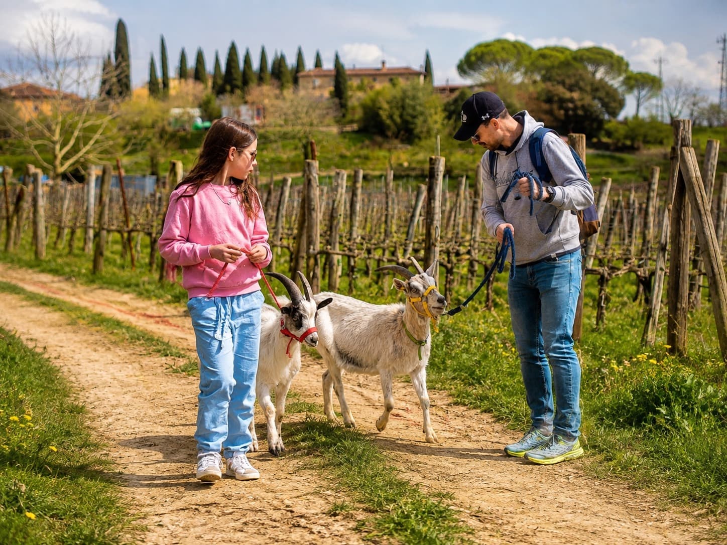 Guests walking with goats through the countryside